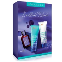 Комплект за път от тониращ шампоан, балсам и олио за руса коса Moroccanoil Discovery Purple kit