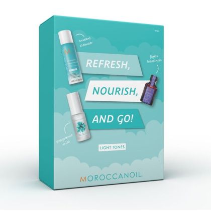 Рутина за път за свежа и възстановена руса коса Moroccanoil Refresh, Nourish and Go Light Tones