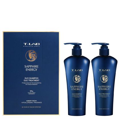 Укрепващ комплект против накъсване за слаба и изтощена коса T-LAB Professional Sapphire Energy Hair Duo Set 2х300ml