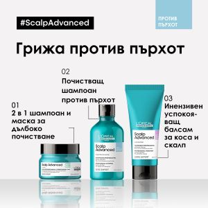 Почистващ шампоан против пърхот Loreal Professionnel Scalp Advanced Anti-Dandruff Dermo-Clarifier Shampoo 300ml